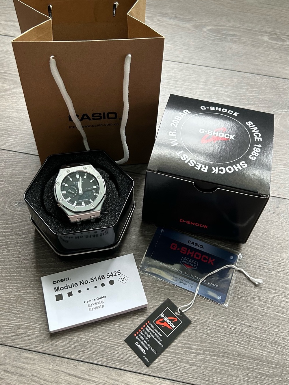 Custom G-Shock Men's Silver and Black Stainless Resin Accent Watch